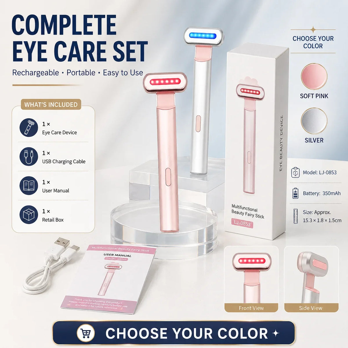 LED Eye Beauty Wand Red Blue Light Warming Massage 330° Rotatable Head Type-C Rechargeable Portable Facial Care Tool for Women