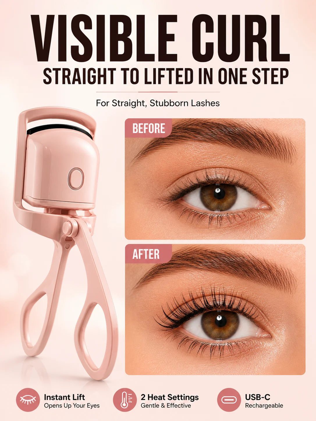 Electric Heated Eyelash Curler USB-C Rechargeable 2 Heat Settings Long-Lasting Natural Curl for Straight Stubborn Lashes