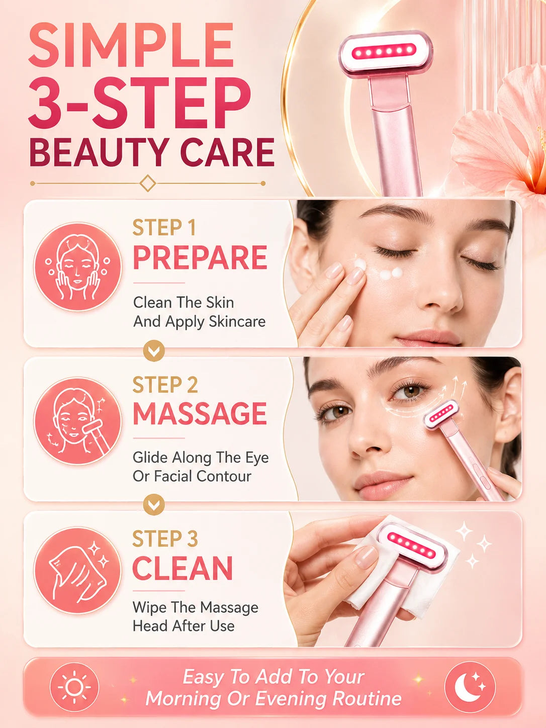 LED Eye Beauty Wand Red Blue Light Warming Massage 330° Rotatable Head Type-C Rechargeable Portable Facial Care Tool for Women