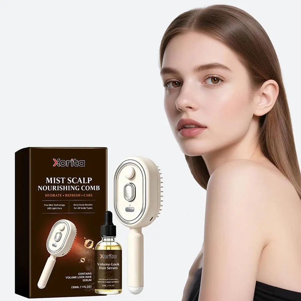 Electric Scalp Nourishing Comb with Hair Serum Fine Mist Spray LED Light Massage Applicator for Dry Scalp and Hair Root Care