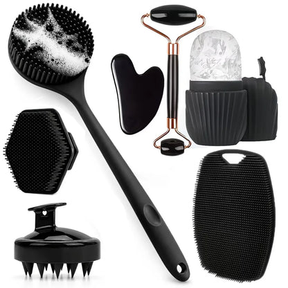 7/4/3Pcs Shower Body Care Set Long Handle Silicone Back Brush Hair Scalp Massager Exfoliate Face Roller Gua Sha Massage Tools