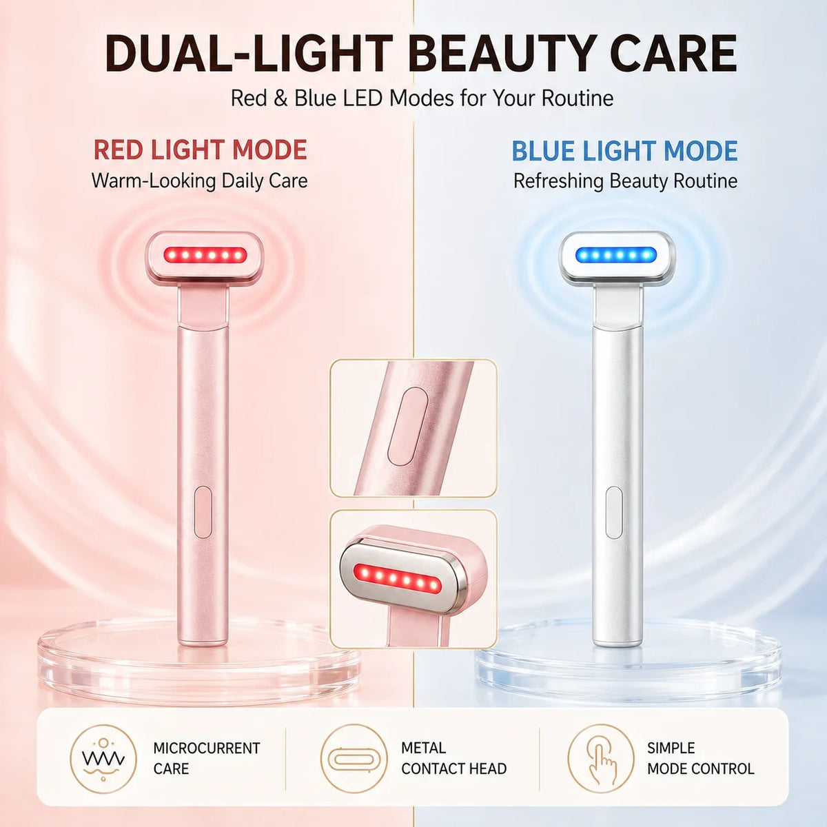 LED Eye Beauty Wand Red Blue Light Warming Massage 330° Rotatable Head Type-C Rechargeable Portable Facial Care Tool for Women