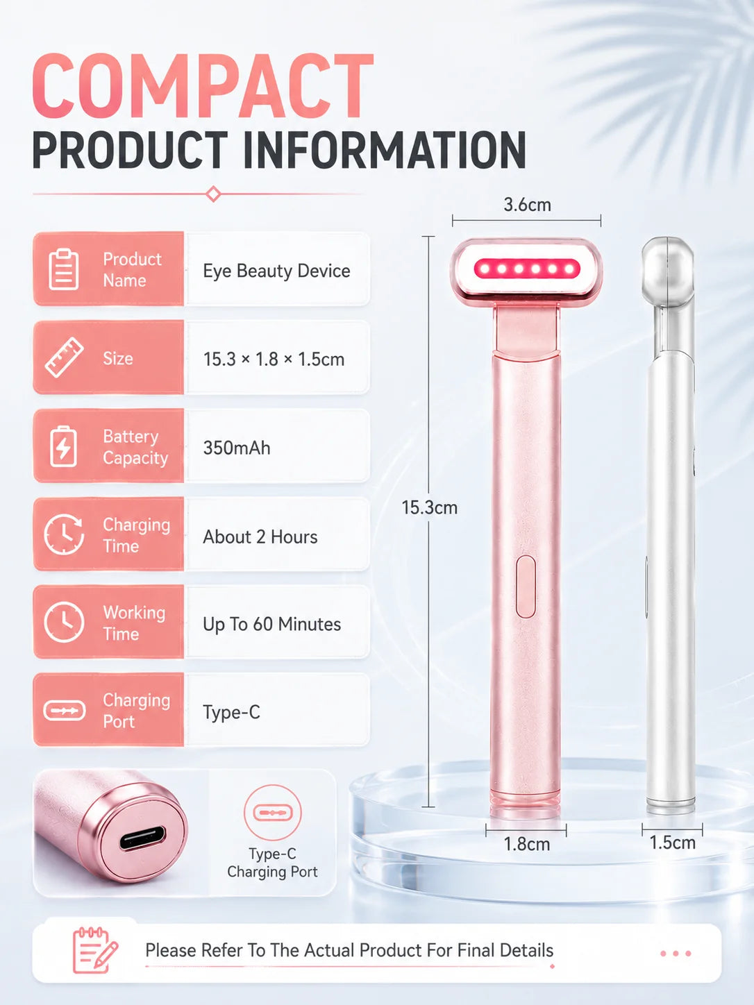 LED Eye Beauty Wand Red Blue Light Warming Massage 330° Rotatable Head Type-C Rechargeable Portable Facial Care Tool for Women