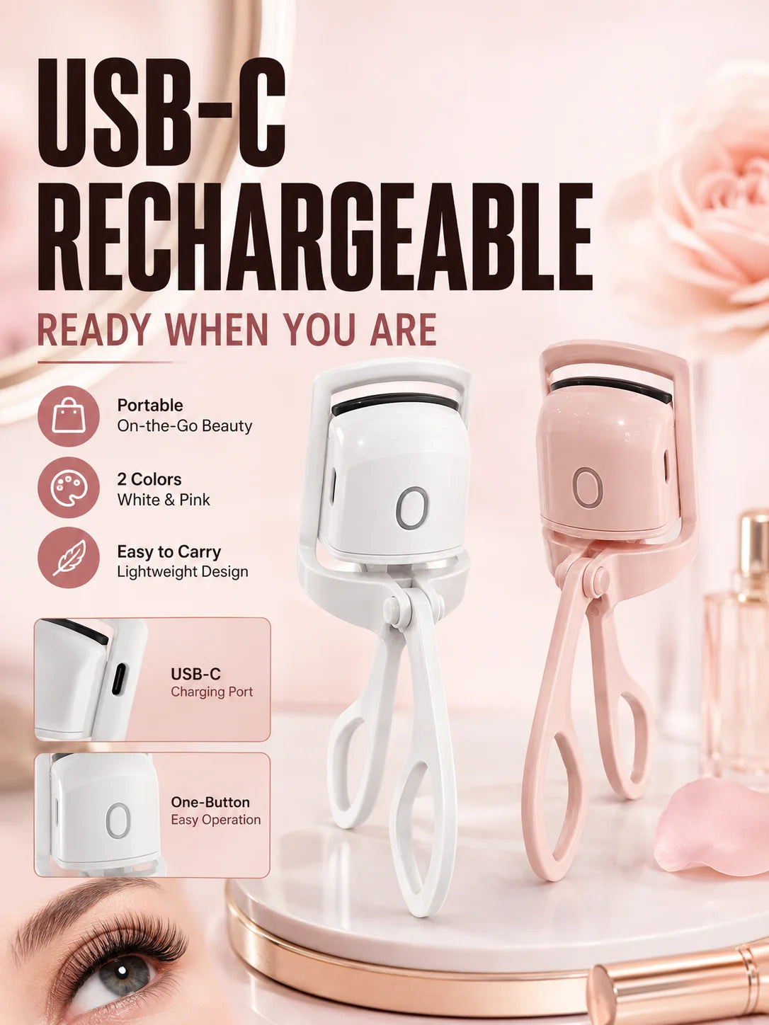 Electric Heated Eyelash Curler USB-C Rechargeable 2 Heat Settings Long-Lasting Natural Curl for Straight Stubborn Lashes