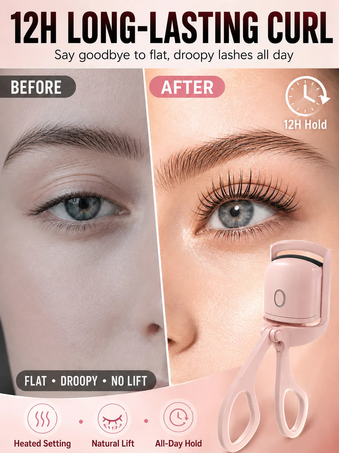 Electric Heated Eyelash Curler USB-C Rechargeable 2 Heat Settings Long-Lasting Natural Curl for Straight Stubborn Lashes