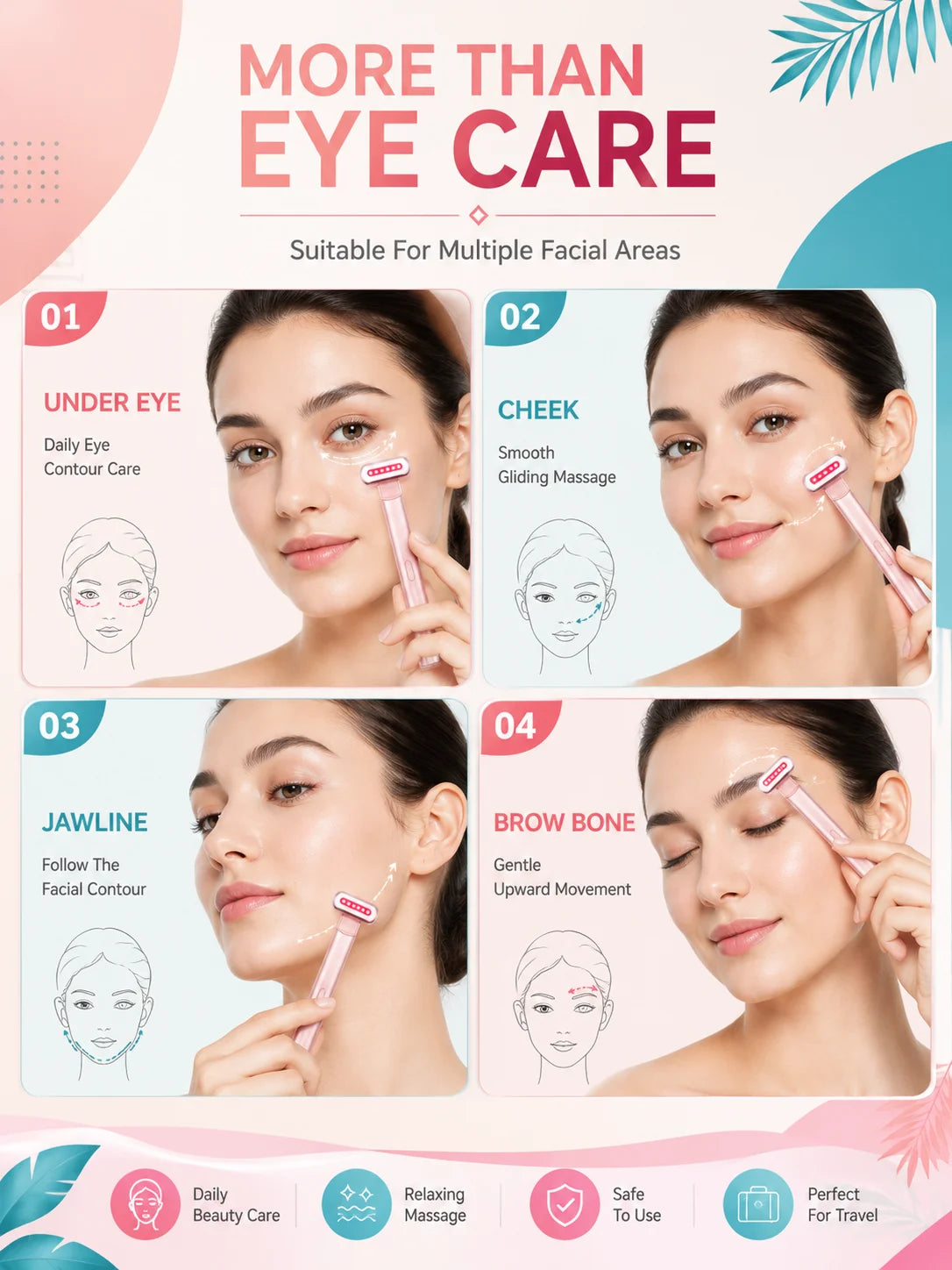 LED Eye Beauty Wand Red Blue Light Warming Massage 330° Rotatable Head Type-C Rechargeable Portable Facial Care Tool for Women