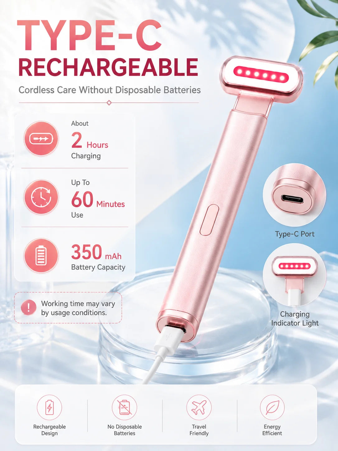 LED Eye Beauty Wand Red Blue Light Warming Massage 330° Rotatable Head Type-C Rechargeable Portable Facial Care Tool for Women