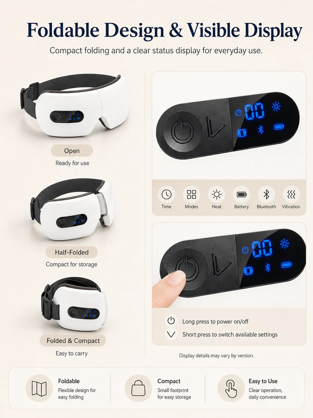 Smart Eye Massager with Heat Compression, Vibration Massage, Foldable Eye Care Device, 1200mAh Rechargeable Eye Relaxation Mask