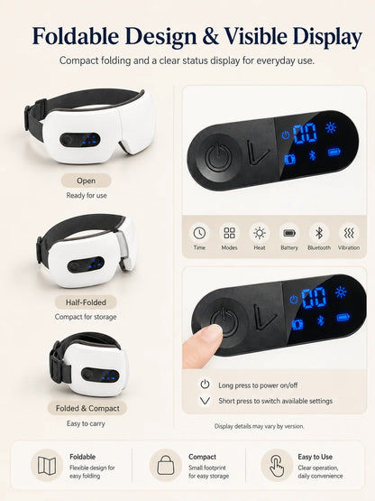 Smart Eye Massager with Heat Compression, Vibration Massage, Foldable Eye Care Device, 1200mAh Rechargeable Eye Relaxation Mask