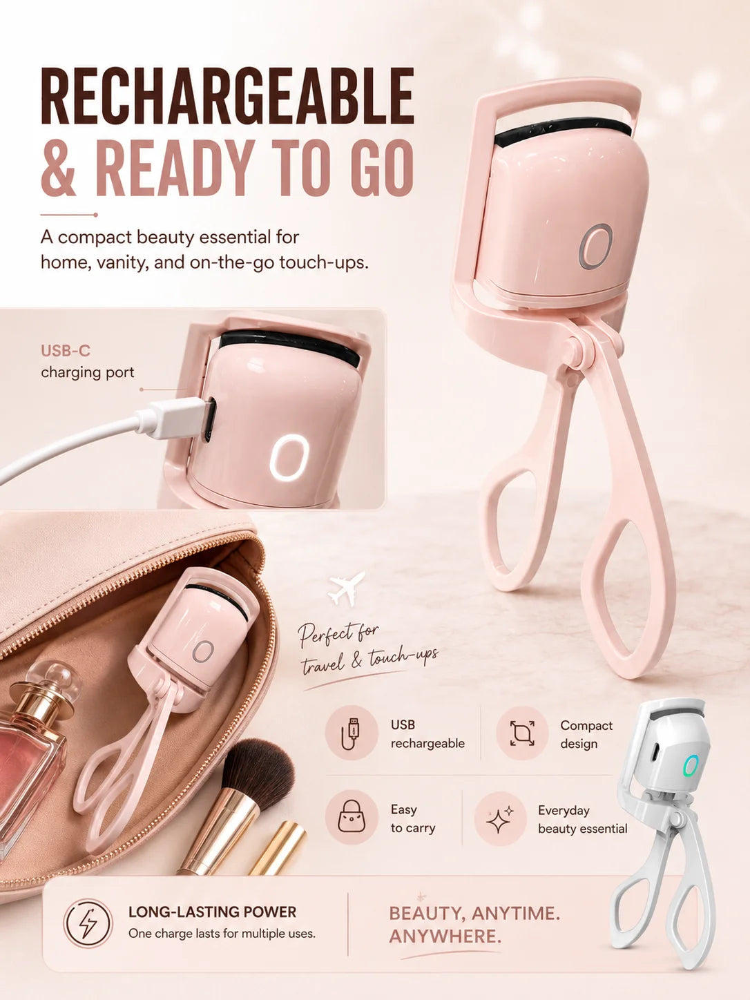 Electric Heated Eyelash Curler USB-C Rechargeable 2 Heat Settings Long-Lasting Natural Curl for Straight Stubborn Lashes