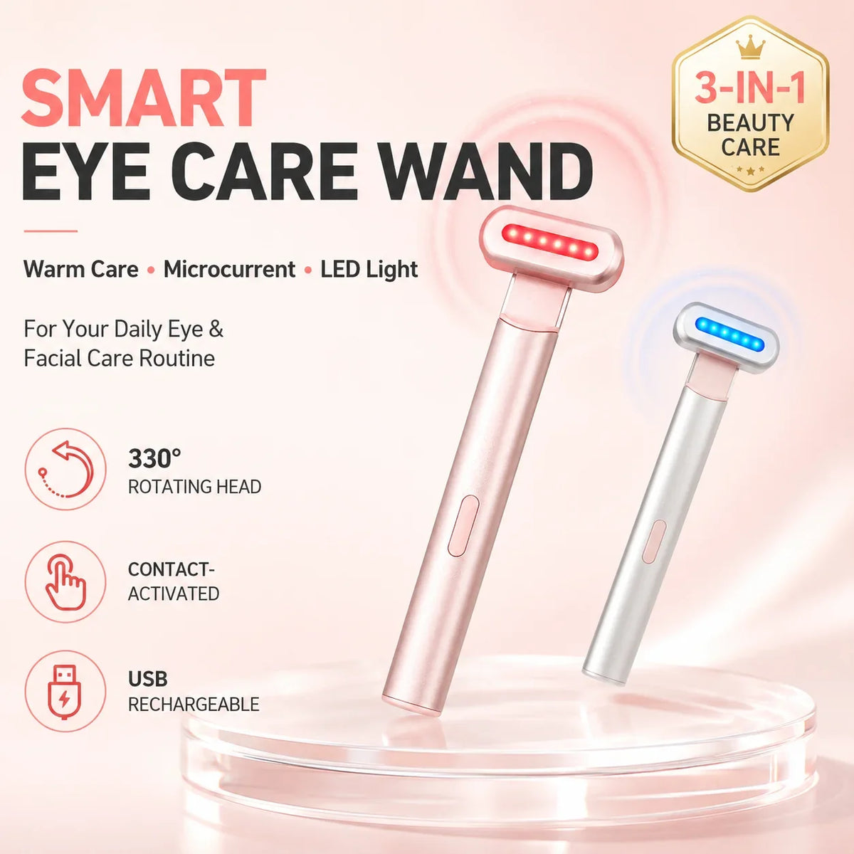 LED Eye Beauty Wand Red Blue Light Warming Massage 330° Rotatable Head Type-C Rechargeable Portable Facial Care Tool for Women