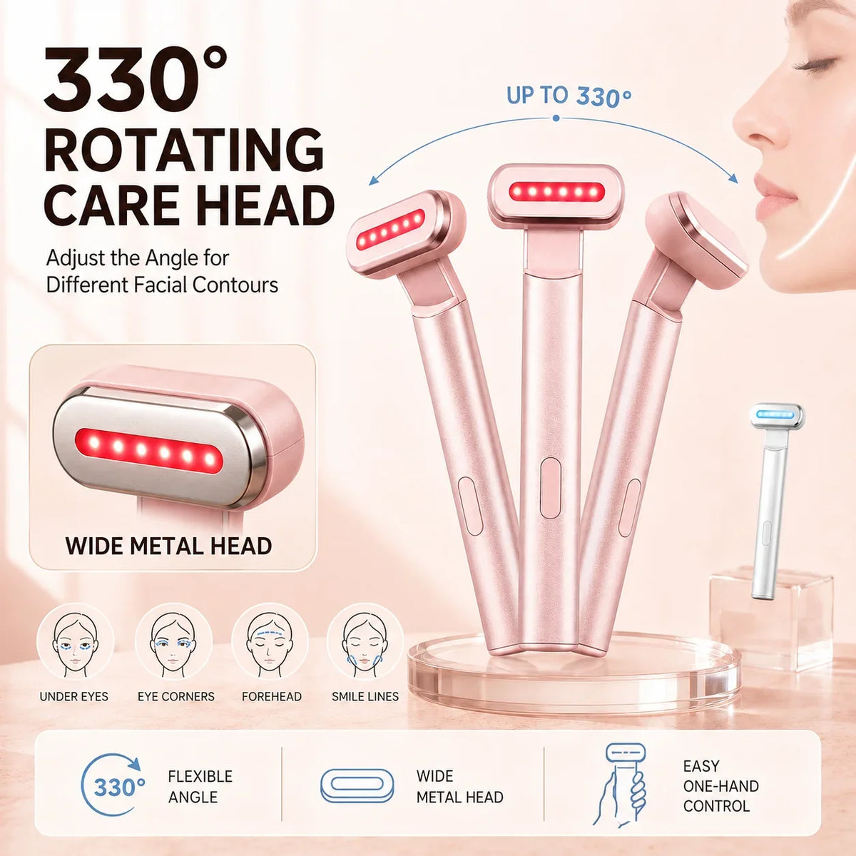 LED Eye Beauty Wand Red Blue Light Warming Massage 330° Rotatable Head Type-C Rechargeable Portable Facial Care Tool for Women