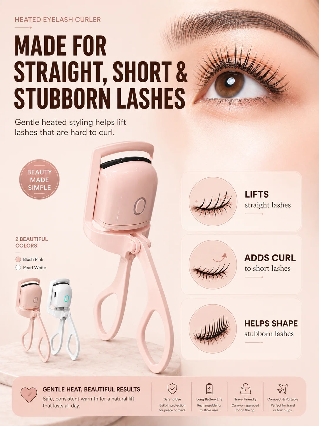 Electric Heated Eyelash Curler USB-C Rechargeable 2 Heat Settings Long-Lasting Natural Curl for Straight Stubborn Lashes