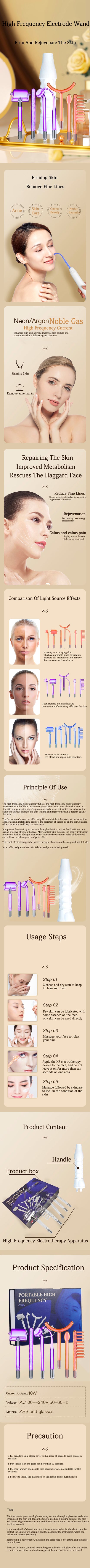 High Frequency Facial Wand For Hair Face Anti Aging Therapy Acne Tool  Neon+Argon Wands Skin Beauty (no handle）